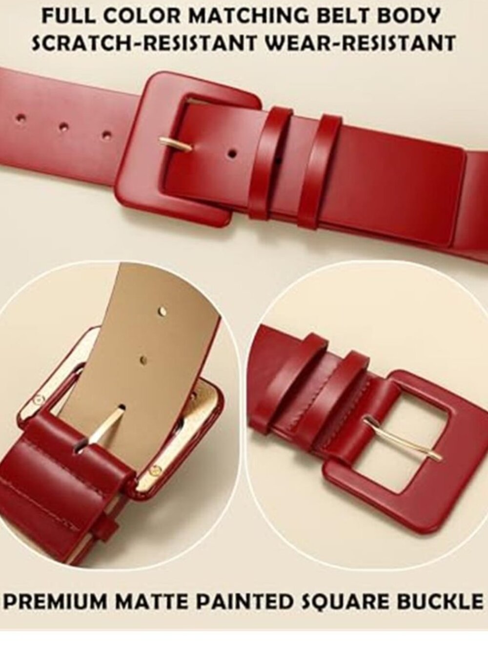 Red Wide Leather Belt 2.13" Square Buckle Statement Waist Belt - Picture 6 of 9